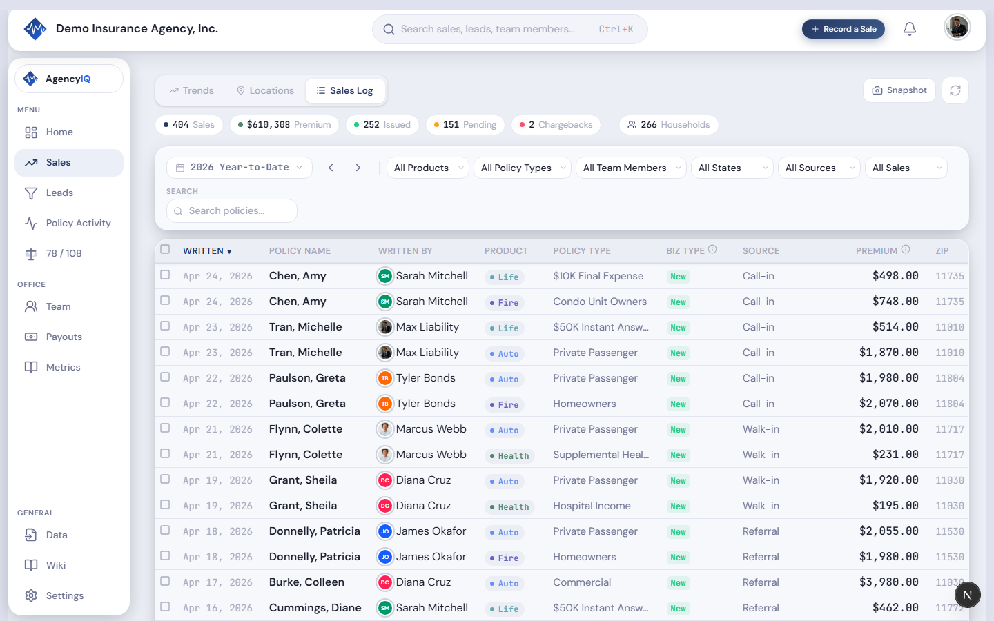 What to capture: Sales Log table with sortable columns, filter bar above, and a row showing the link icon for lead matching
